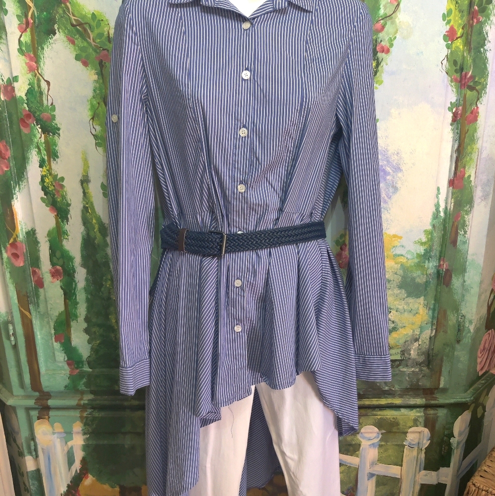 Blue and white pinstripe blouse shorter in front